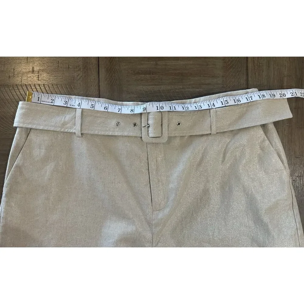NINE WEST Beige Khaki Shimmer Linen Blend Belted Classic Shorts Women’s Size XL